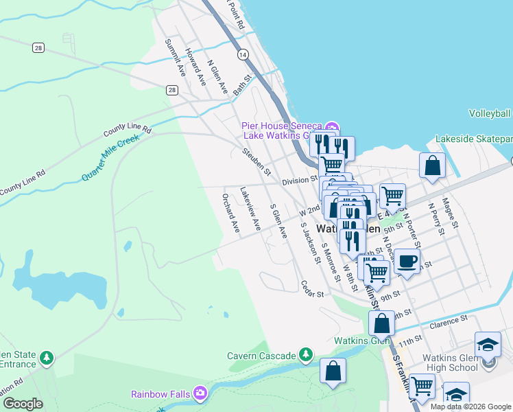 map of restaurants, bars, coffee shops, grocery stores, and more near 104 Lakeview Avenue in Watkins Glen