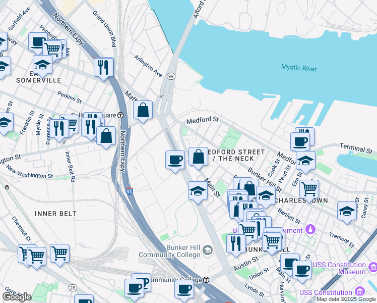 map of restaurants, bars, coffee shops, grocery stores, and more near 32 Baldwin Street in Boston