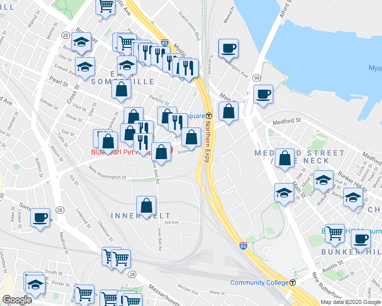 map of restaurants, bars, coffee shops, grocery stores, and more near 10 Roland Street in Boston