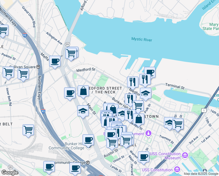 map of restaurants, bars, coffee shops, grocery stores, and more near 1 Grants Court in Boston