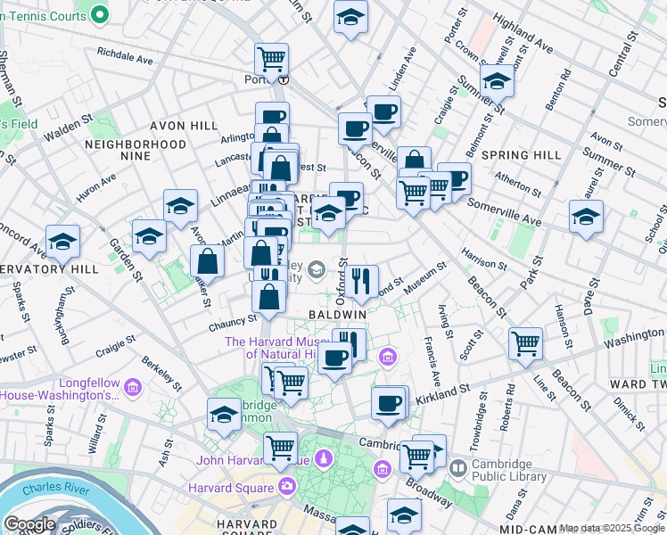 map of restaurants, bars, coffee shops, grocery stores, and more near 37 Mellen Street in Cambridge