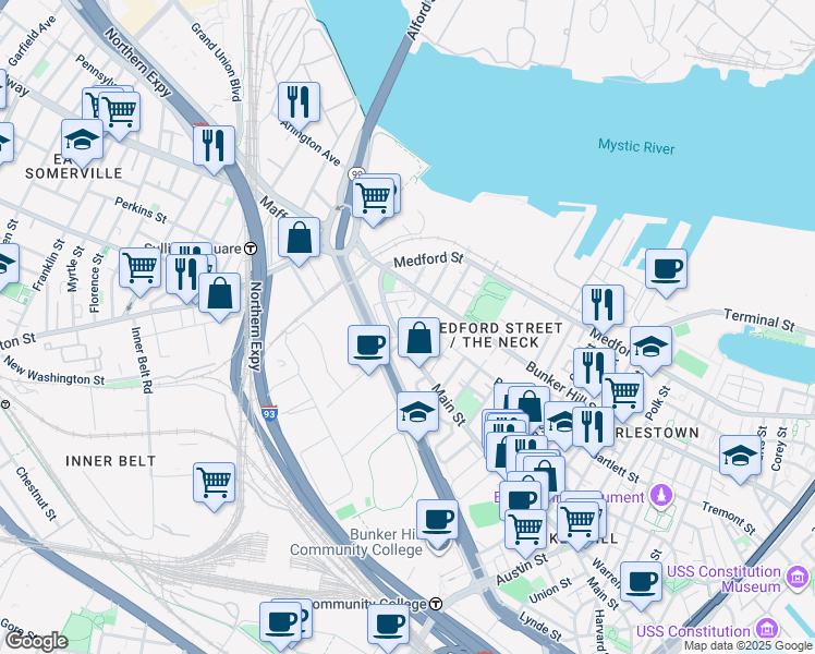map of restaurants, bars, coffee shops, grocery stores, and more near 32 Baldwin Street in Boston
