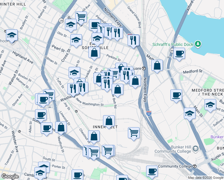 map of restaurants, bars, coffee shops, grocery stores, and more near 18 Inner Belt Road in Somerville
