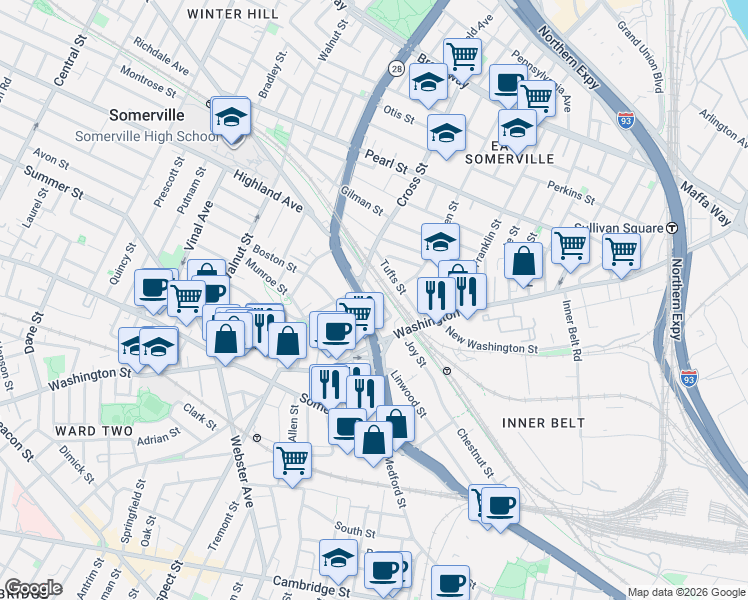 map of restaurants, bars, coffee shops, grocery stores, and more near 23 Alston Street in Somerville