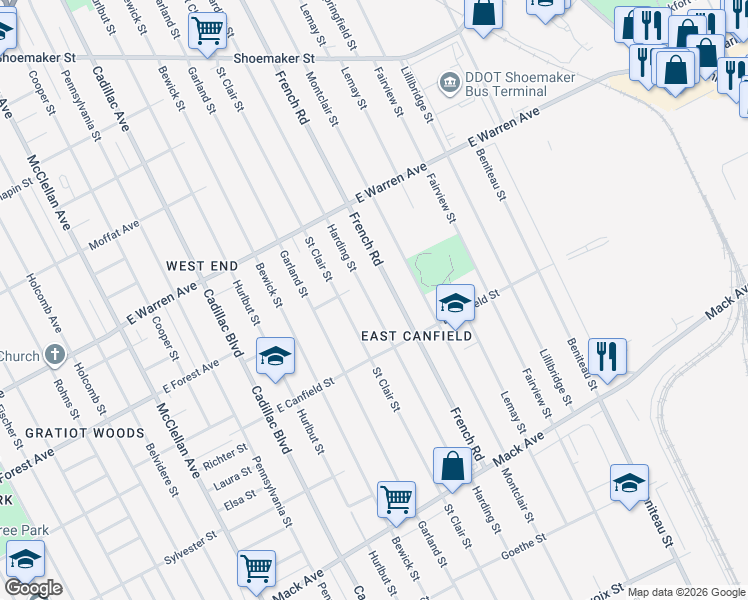 map of restaurants, bars, coffee shops, grocery stores, and more near 4458 Harding Street in Detroit