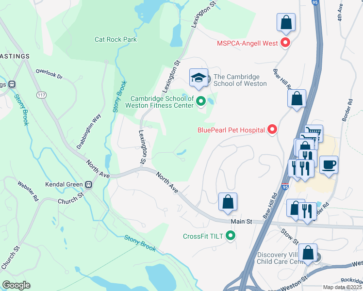 map of restaurants, bars, coffee shops, grocery stores, and more near 45 Georgian Road in Weston