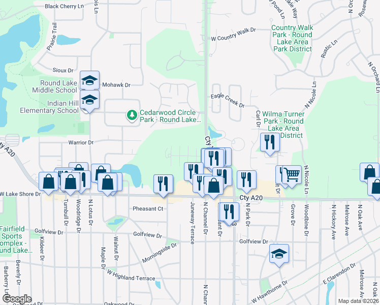map of restaurants, bars, coffee shops, grocery stores, and more near 424 Meadow Green Lane in Round Lake Beach
