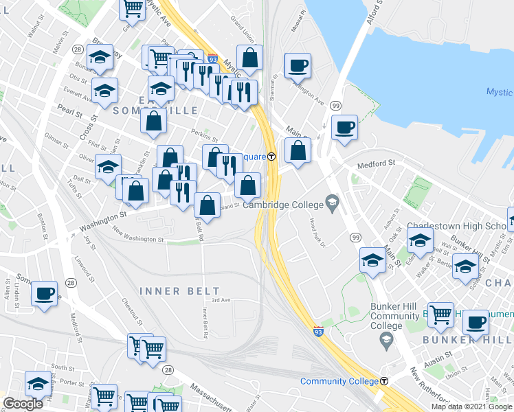 map of restaurants, bars, coffee shops, grocery stores, and more near 10 Roland Street in Boston