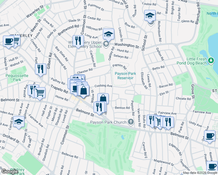map of restaurants, bars, coffee shops, grocery stores, and more near 81 Cushing Avenue in Belmont