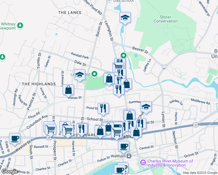 map of restaurants, bars, coffee shops, grocery stores, and more near 188 Lexington Street in Waltham