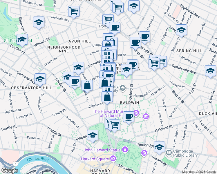 map of restaurants, bars, coffee shops, grocery stores, and more near Massachusetts Ave & Shepard St in Mid-Cambridge