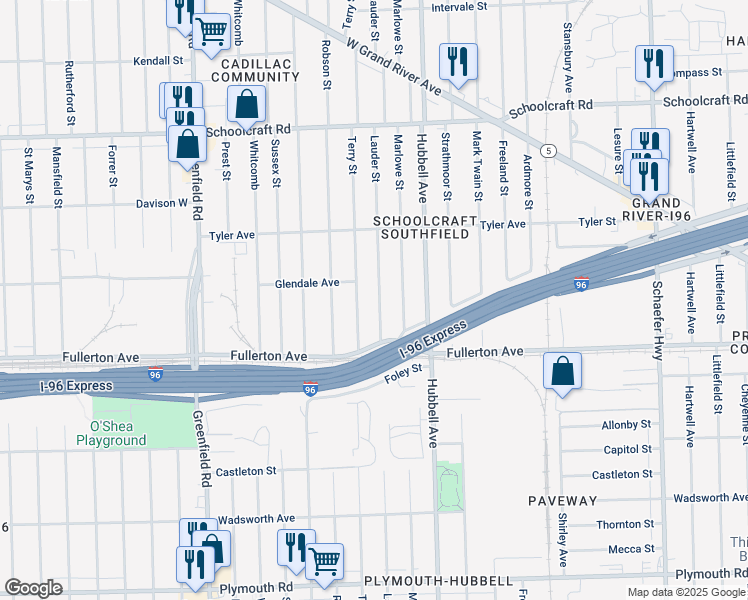 map of restaurants, bars, coffee shops, grocery stores, and more near 12778 Lauder Street in Detroit