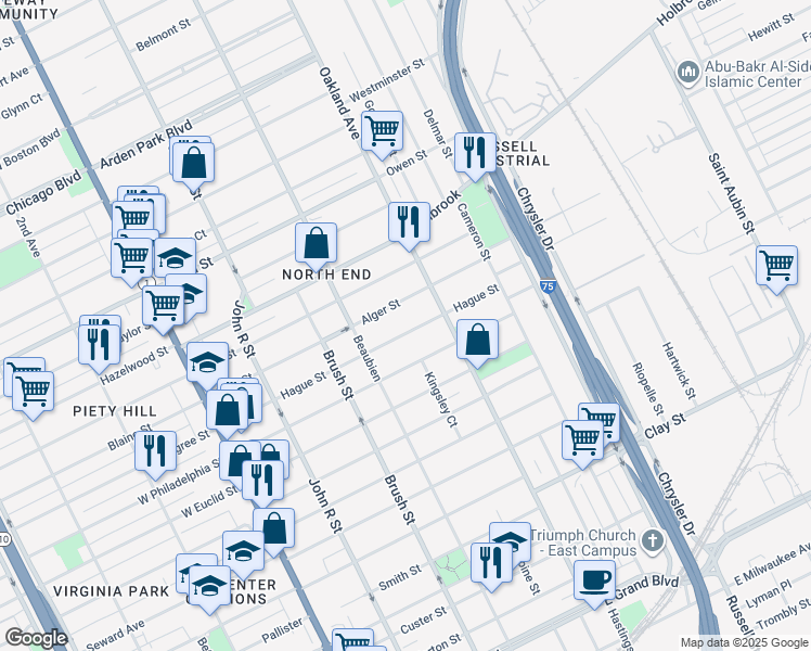 map of restaurants, bars, coffee shops, grocery stores, and more near 630 Alger Street in Detroit