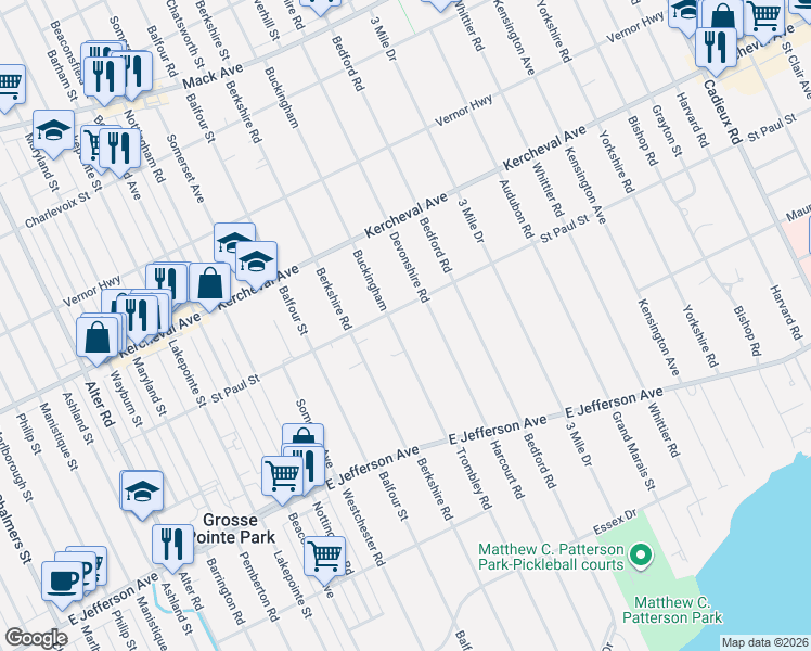 map of restaurants, bars, coffee shops, grocery stores, and more near 1103 Devonshire Road in Grosse Pointe Park
