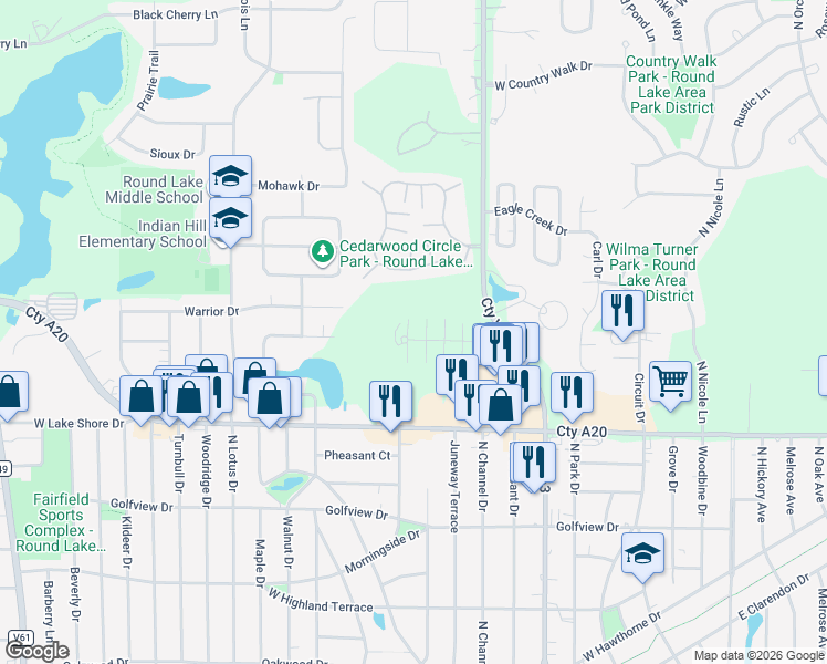 map of restaurants, bars, coffee shops, grocery stores, and more near 504 Meadow Green Lane in Round Lake Beach