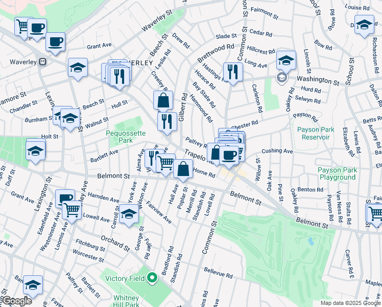 map of restaurants, bars, coffee shops, grocery stores, and more near 1 Winslow Road in Belmont