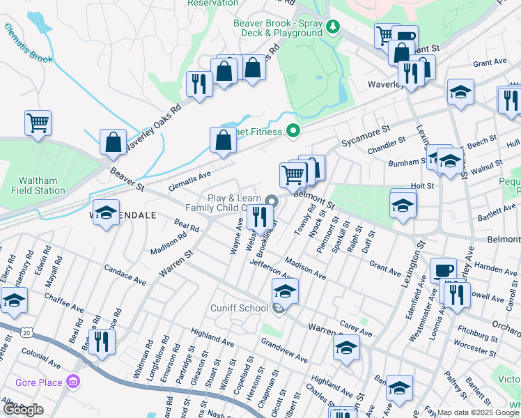 map of restaurants, bars, coffee shops, grocery stores, and more near 15 Bowker Street in Waltham