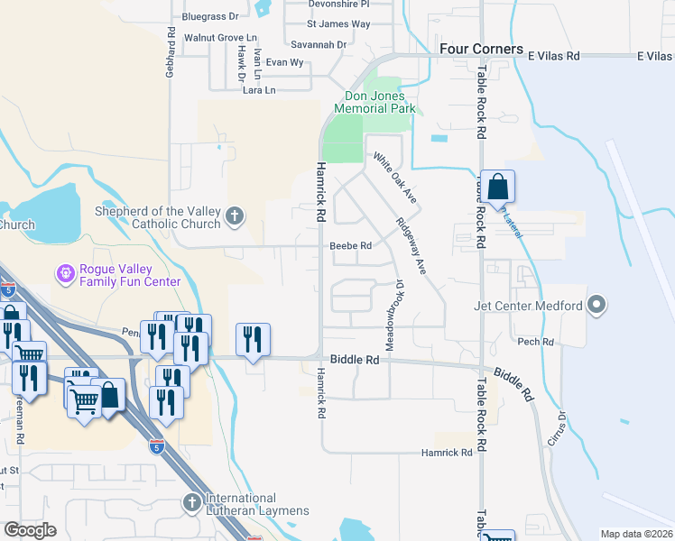 map of restaurants, bars, coffee shops, grocery stores, and more near 530 Parkview Court in Central Point