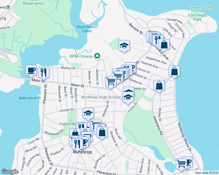 map of restaurants, bars, coffee shops, grocery stores, and more near 29 Paine Street in Winthrop