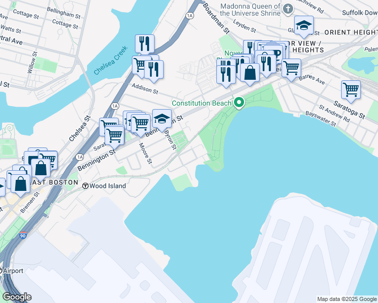 map of restaurants, bars, coffee shops, grocery stores, and more near 147 Wordsworth Street in Boston