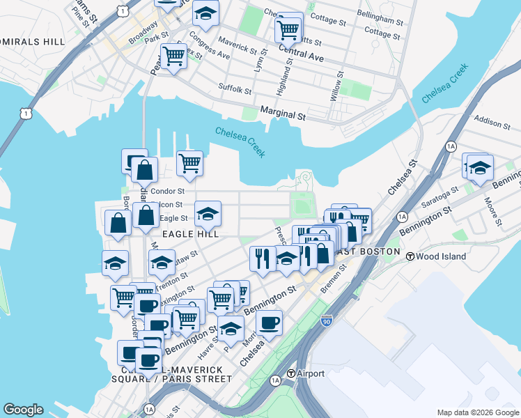 map of restaurants, bars, coffee shops, grocery stores, and more near 213 Condor Street in Boston