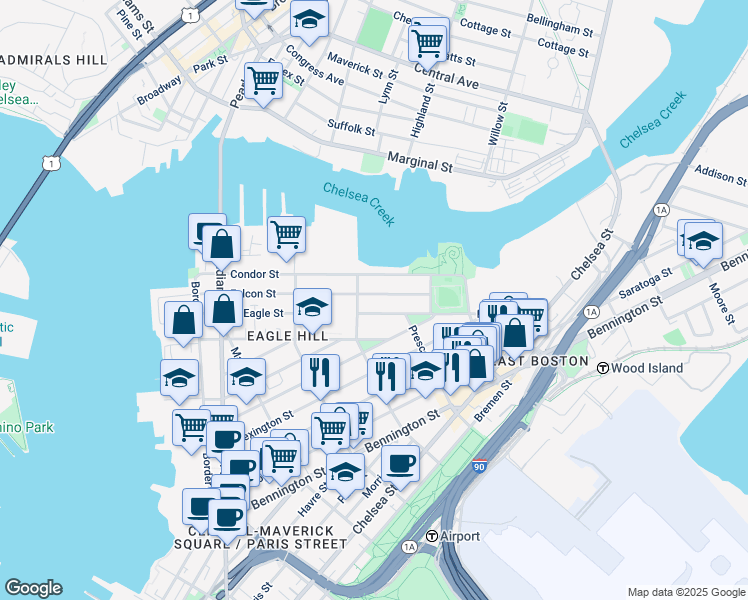 map of restaurants, bars, coffee shops, grocery stores, and more near 213 Condor Street in Boston