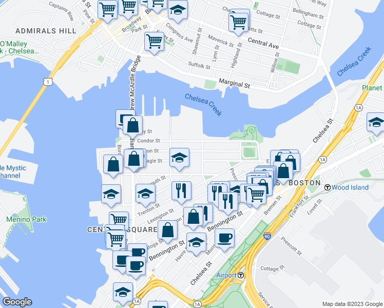 map of restaurants, bars, coffee shops, grocery stores, and more near 167-169 Condor Street in Boston