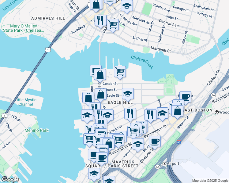 map of restaurants, bars, coffee shops, grocery stores, and more near 87 Condor Street in Boston