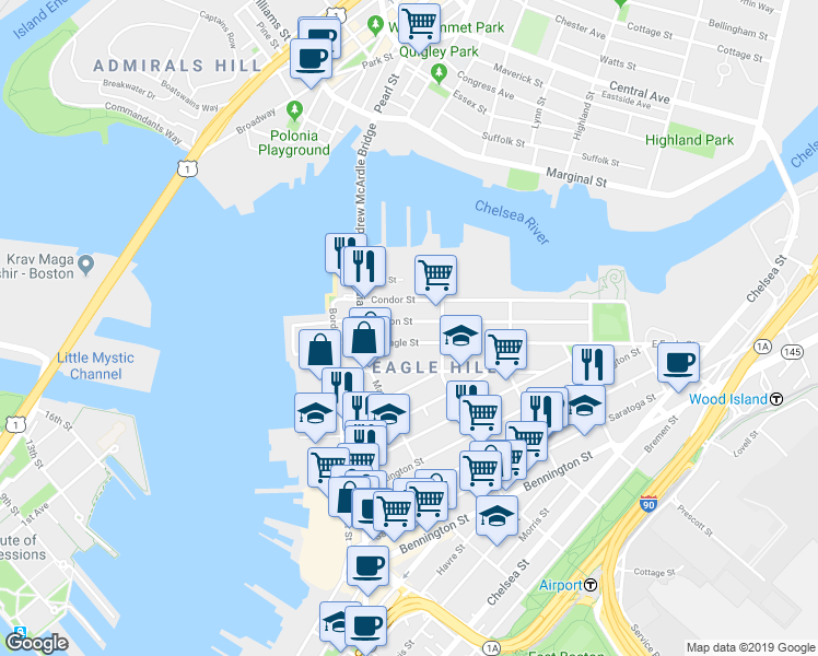 map of restaurants, bars, coffee shops, grocery stores, and more near 87 Condor Street in Boston