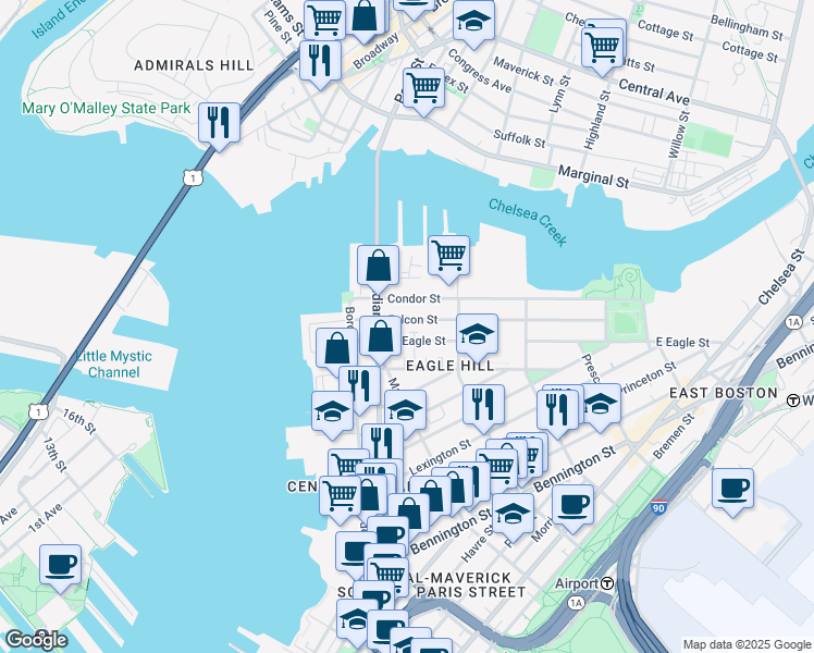 map of restaurants, bars, coffee shops, grocery stores, and more near 47 Condor Street in Boston