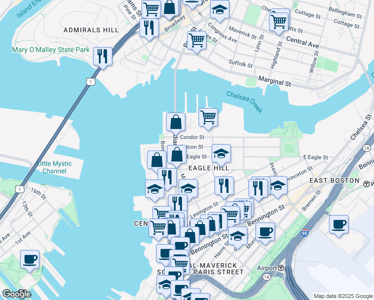 map of restaurants, bars, coffee shops, grocery stores, and more near 47 Condor Street in Boston