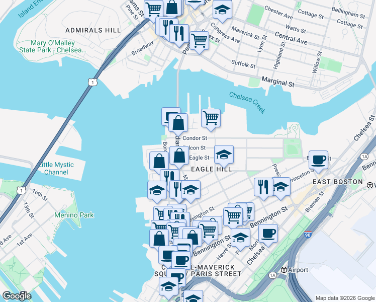 map of restaurants, bars, coffee shops, grocery stores, and more near 47 Condor Street in Boston