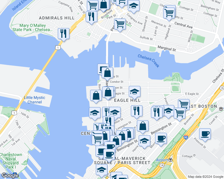 map of restaurants, bars, coffee shops, grocery stores, and more near 47 Condor Street in Boston