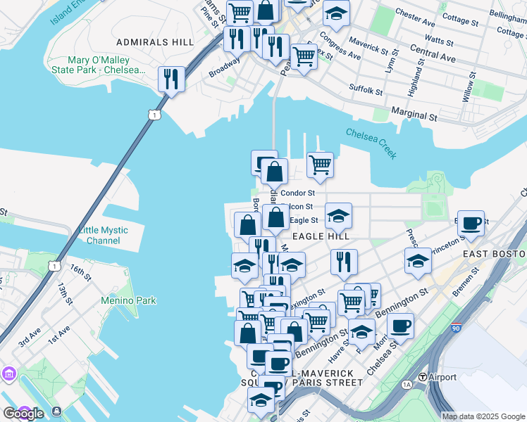 map of restaurants, bars, coffee shops, grocery stores, and more near 5 Condor Street in Boston
