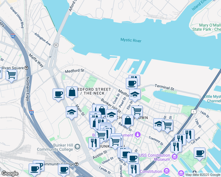map of restaurants, bars, coffee shops, grocery stores, and more near 355 Medford Street in Boston
