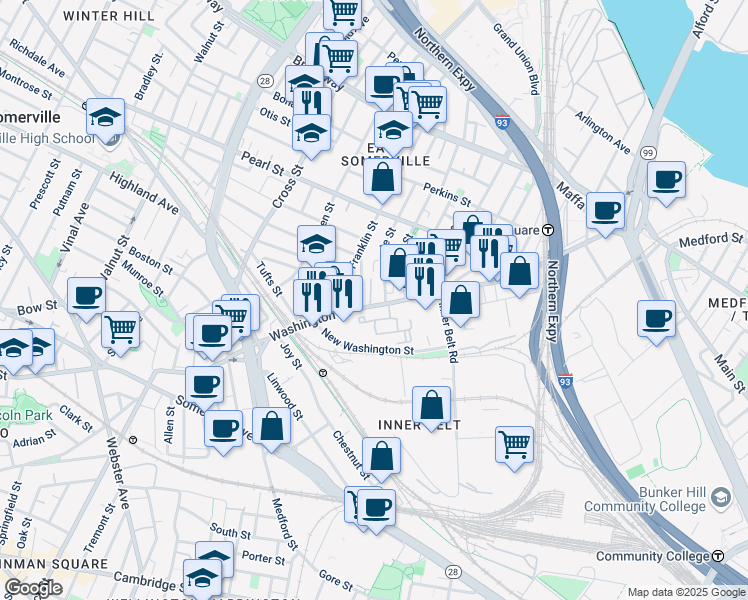 map of restaurants, bars, coffee shops, grocery stores, and more near 26 Franklin Avenue in Somerville