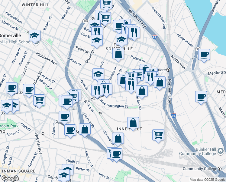 map of restaurants, bars, coffee shops, grocery stores, and more near 26 Franklin Avenue in Somerville