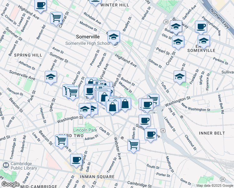 map of restaurants, bars, coffee shops, grocery stores, and more near 33 Walnut Street in Somerville