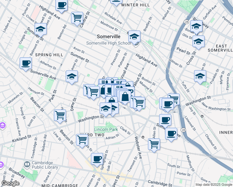 map of restaurants, bars, coffee shops, grocery stores, and more near 20 Summer Street in Somerville
