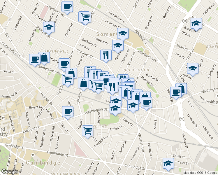map of restaurants, bars, coffee shops, grocery stores, and more near 56 Church Street in Somerville