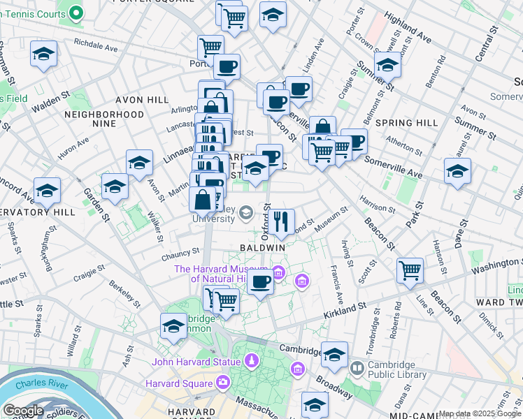 map of restaurants, bars, coffee shops, grocery stores, and more near 36 Sacramento Street in Cambridge