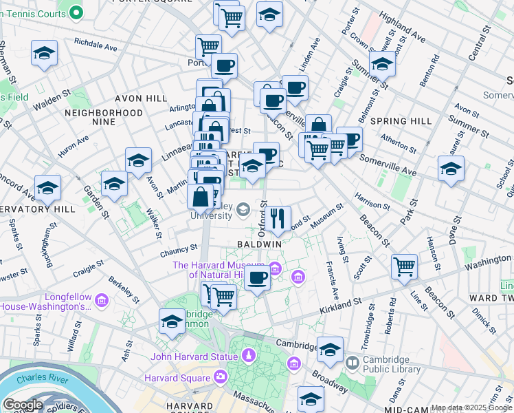 map of restaurants, bars, coffee shops, grocery stores, and more near 36 Sacramento Street in Cambridge