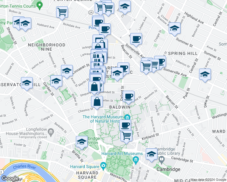 map of restaurants, bars, coffee shops, grocery stores, and more near 16 Sacramento Street in Cambridge