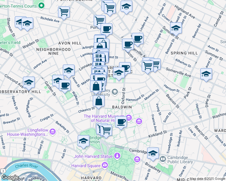 map of restaurants, bars, coffee shops, grocery stores, and more near 16 Sacramento Street in Cambridge