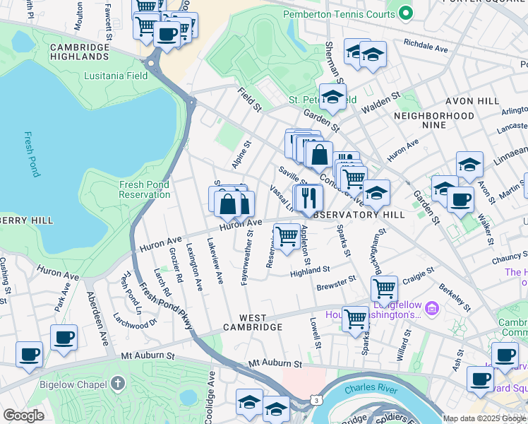 map of restaurants, bars, coffee shops, grocery stores, and more near 30 Granville Road in Cambridge