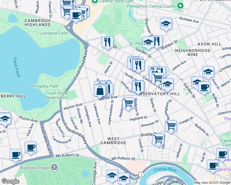map of restaurants, bars, coffee shops, grocery stores, and more near 101 Fayerweather Street in Cambridge
