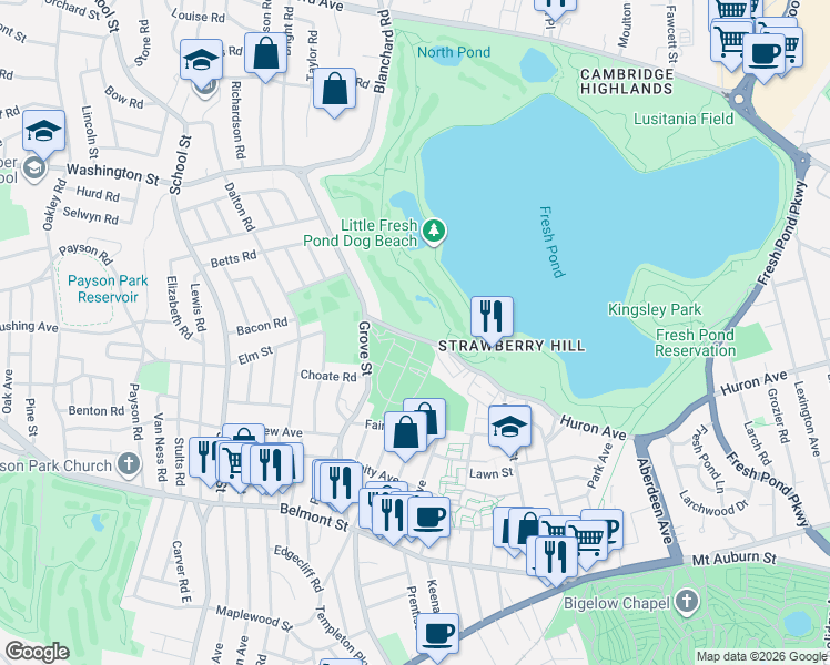 map of restaurants, bars, coffee shops, grocery stores, and more near 777 Huron Avenue in Cambridge