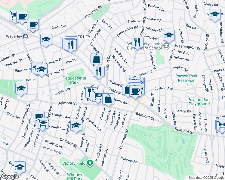 map of restaurants, bars, coffee shops, grocery stores, and more near 1 Winslow Road in Belmont