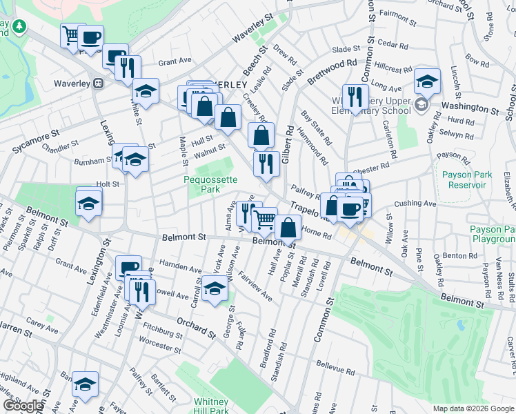 map of restaurants, bars, coffee shops, grocery stores, and more near 17 Bartlett Avenue in Belmont