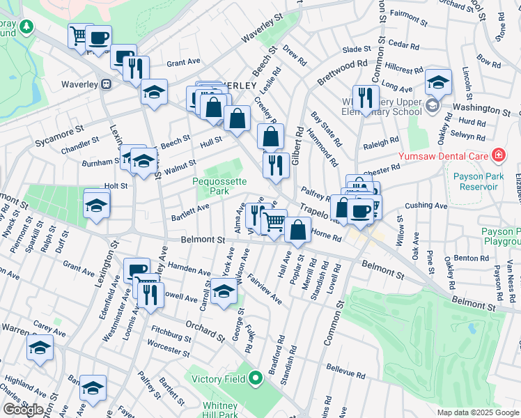map of restaurants, bars, coffee shops, grocery stores, and more near 17 Bartlett Avenue in Belmont